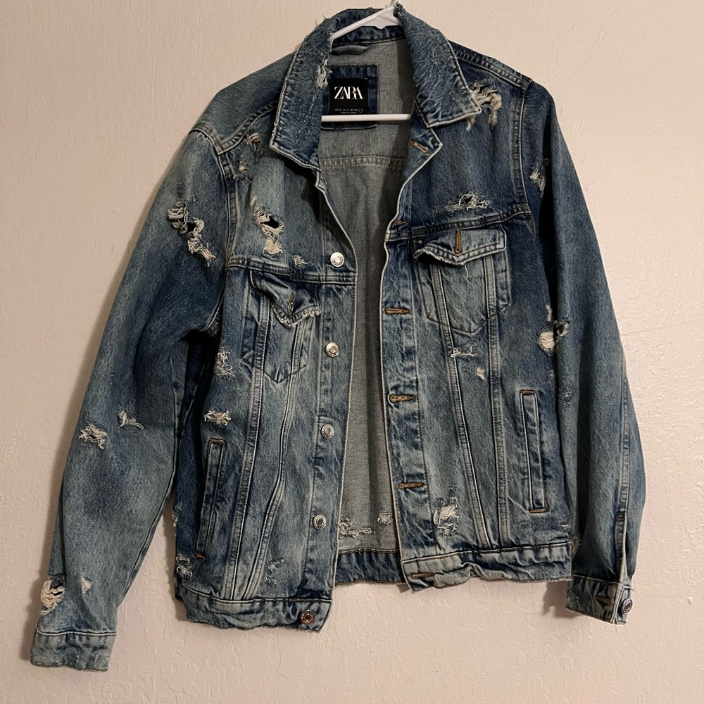 Zara Women's Blue Distressed Jean Jacket